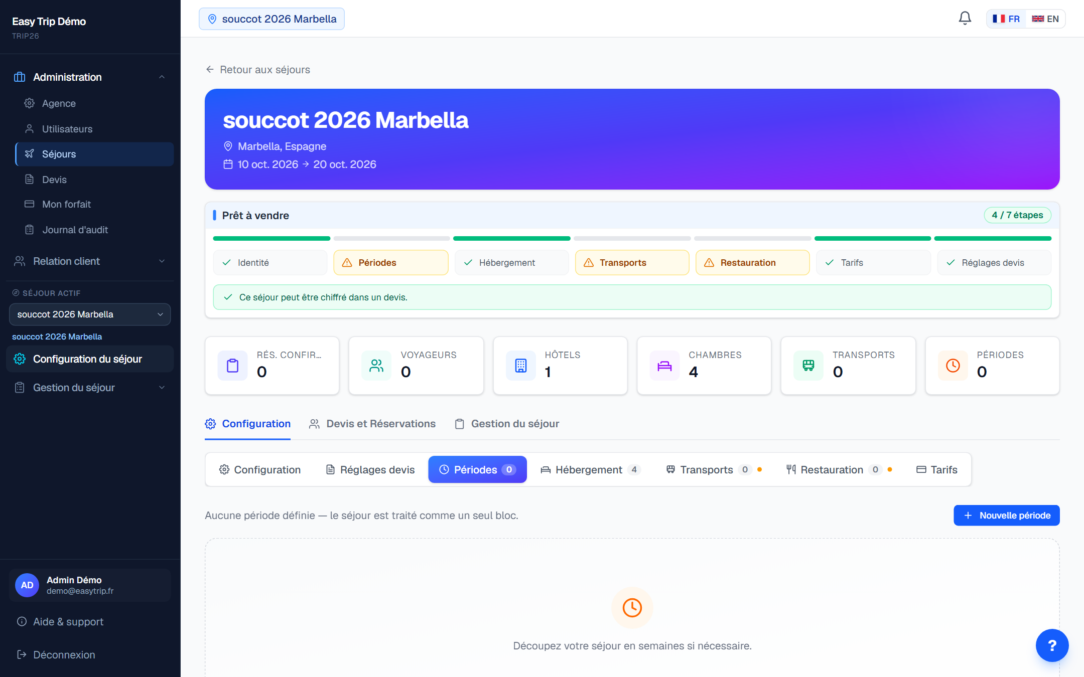 Easy Trip : fiche d'un séjour avec les étapes de préparation, les indicateurs et les onglets de configuration